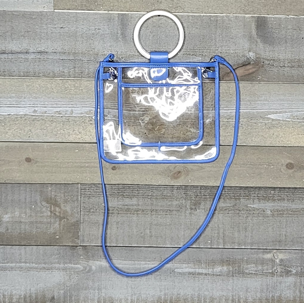 Thacker Peekaboo Le Pouch Acrylic Ring Blue Leather Trim Transparent Bag